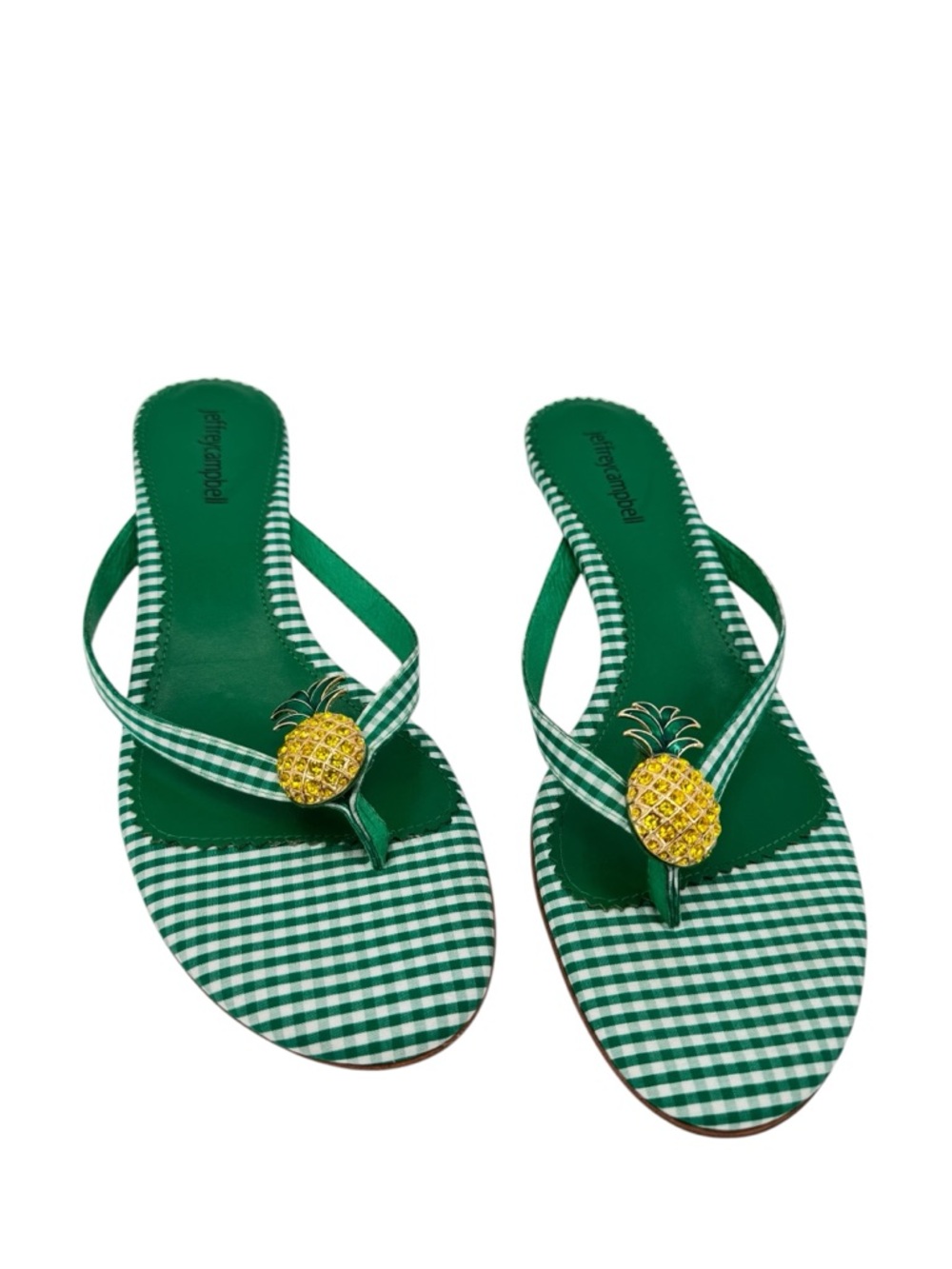 Jeffrey Campbell Pinacolada Pineapple Thong Sandal Kitten Heel Green Gingham 9.5 - Picture 2 of 7